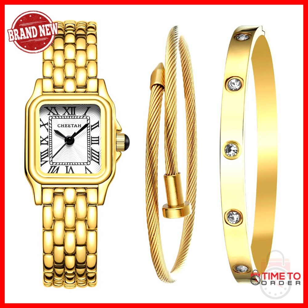 Gold Tone Bangle Watch Bracelet Set Vintage Elegant Adjustable Sophisticated